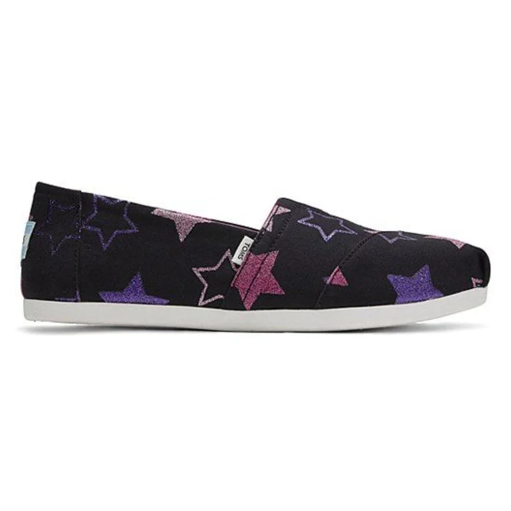 TOMS Black Glitter Stars Canvas Alpargata Slip-On sz 7 Women's Shoes NEW